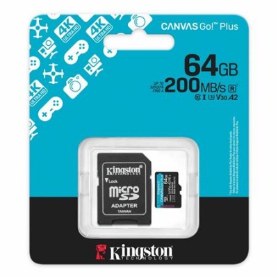 Memóriakártya, microSDXC, 128GB, C10/UHS-I/U3/V30/A2, adapter, KINGSTON "Canvas Go! Plus"